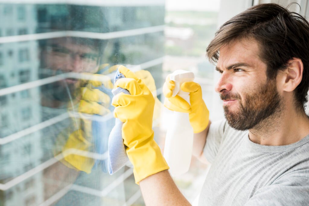 man cleaning window