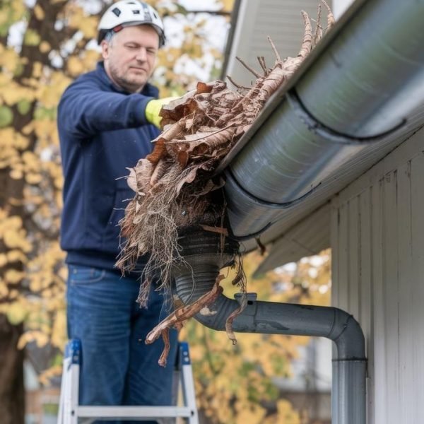 photo_2025-03-18_16-33-30 Man on the leader cleaning clogged gutters